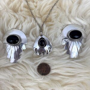 Jewelry 3 Piece Set Sterling and Onyx Earrings and Necklace Excellent